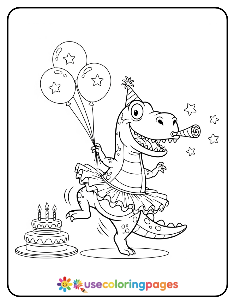 Dancing Dinosaur in Tutu Birthday Coloring Page