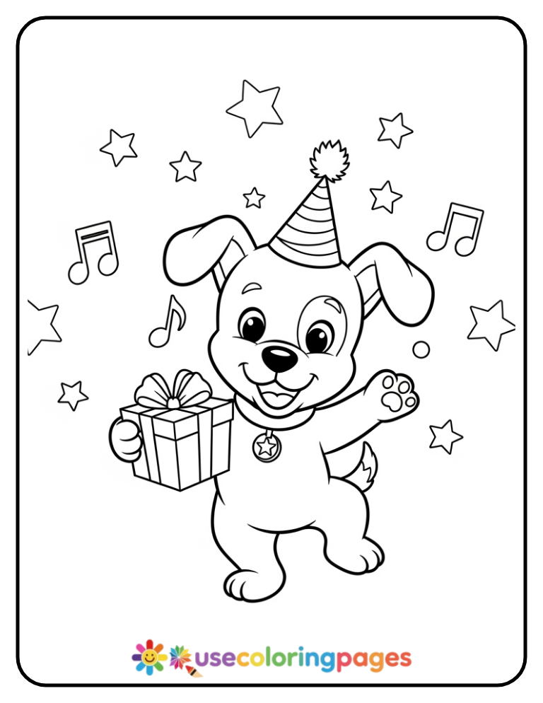 Dancing Dog Birthday Coloring Page
