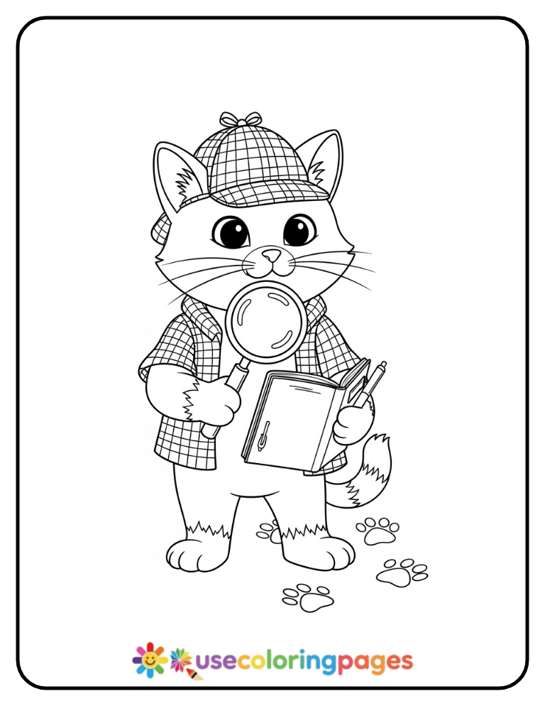 Detective Cat Solving a Mystery Coloring Page