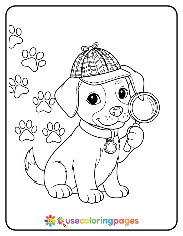 Detective Puppy with Magnifying Glass Coloring Page