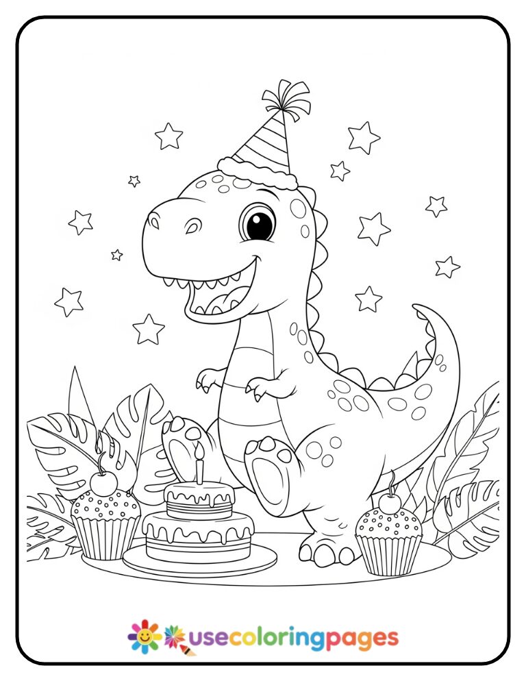 Dinosaur With Birthday Hat Coloring Page