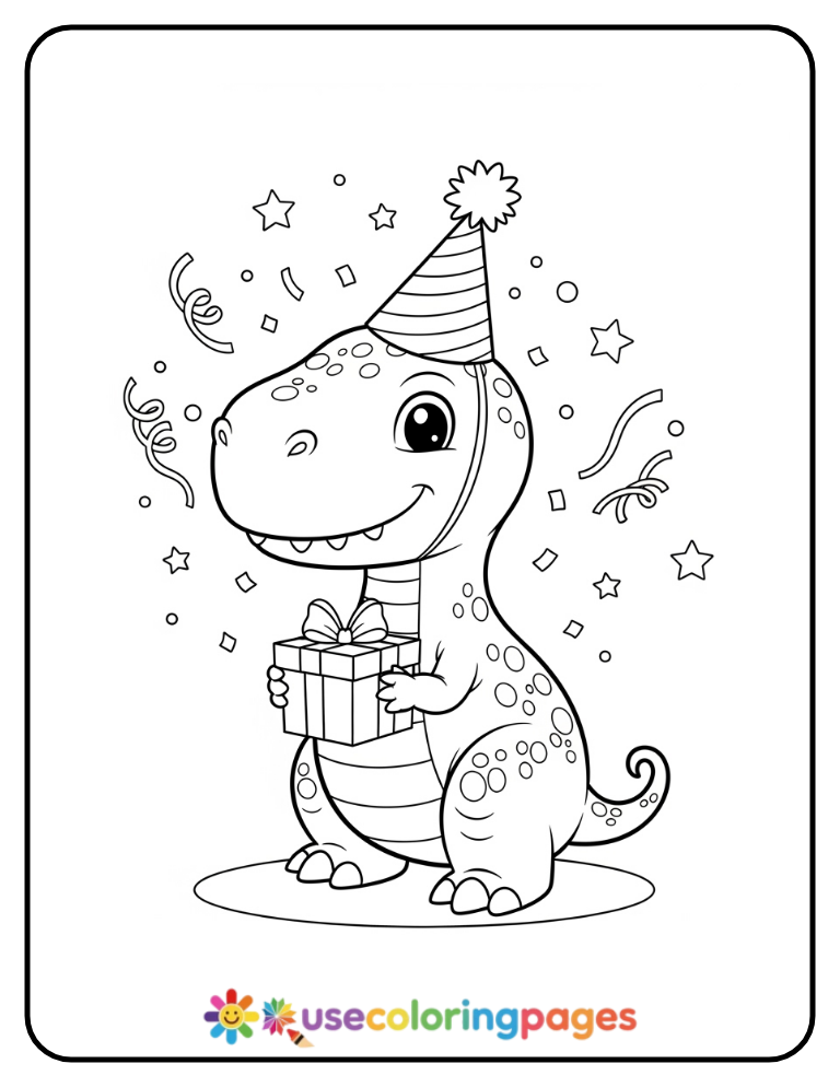 Dinosaur With Party Hat and Gift Coloring Page