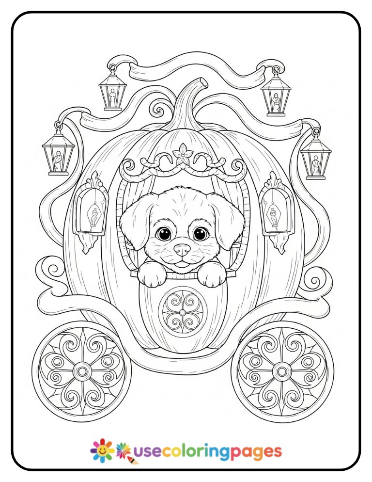 Disney-Style Puppy in Pumpkin Carriage Coloring Page