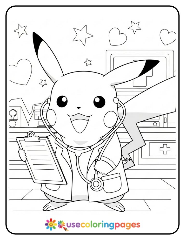 Doctor Pikachu with Stethoscope Coloring Page For Kids