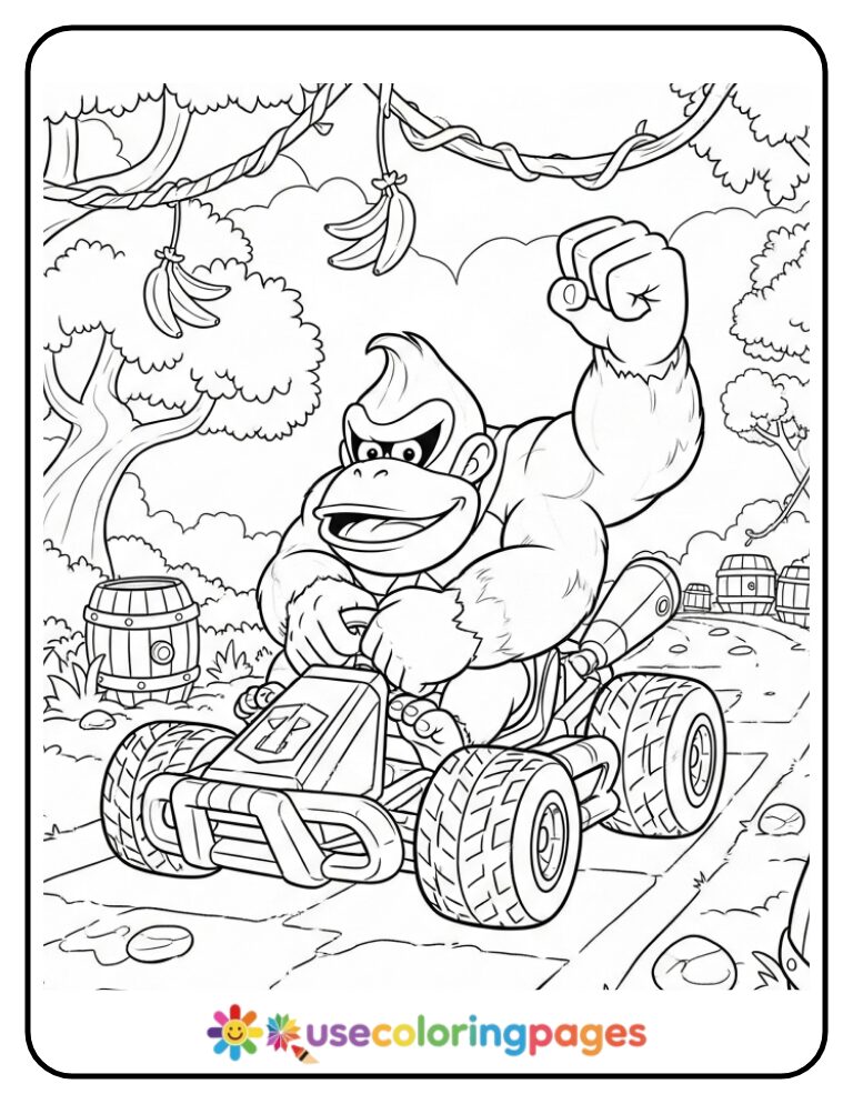 Donkey Kong in Jungle Circuit Racing Scene Coloring Page