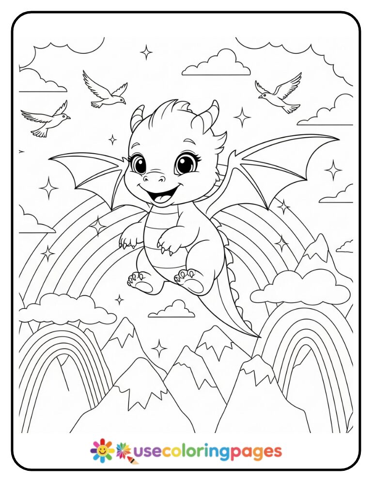 Dragon Flying Over Rainbow Mountains Coloring Page
