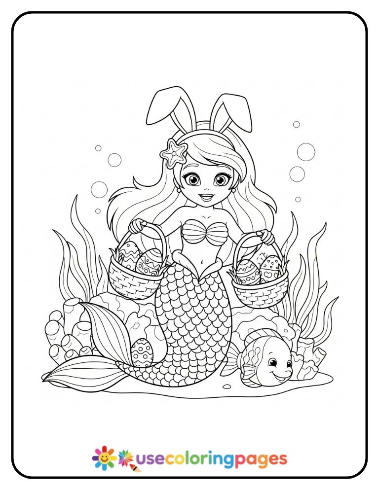 Easter Mermaid Hiding Shell Eggs Coloring Page