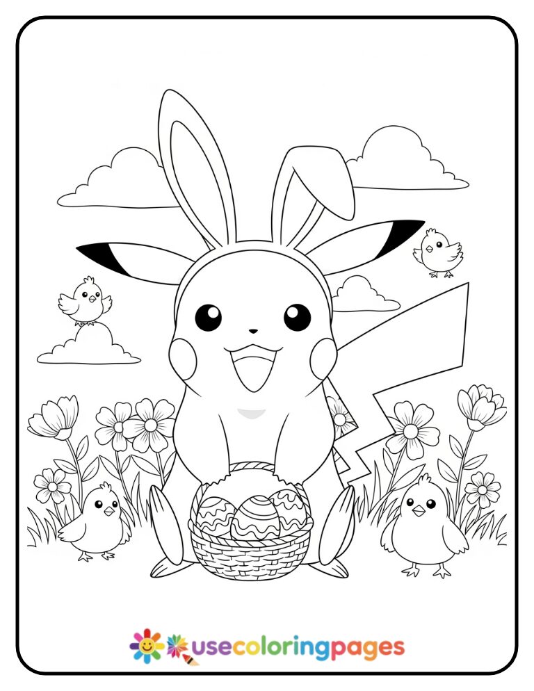 Easter Pikachu with Bunny Ears and Eggs Coloring Page