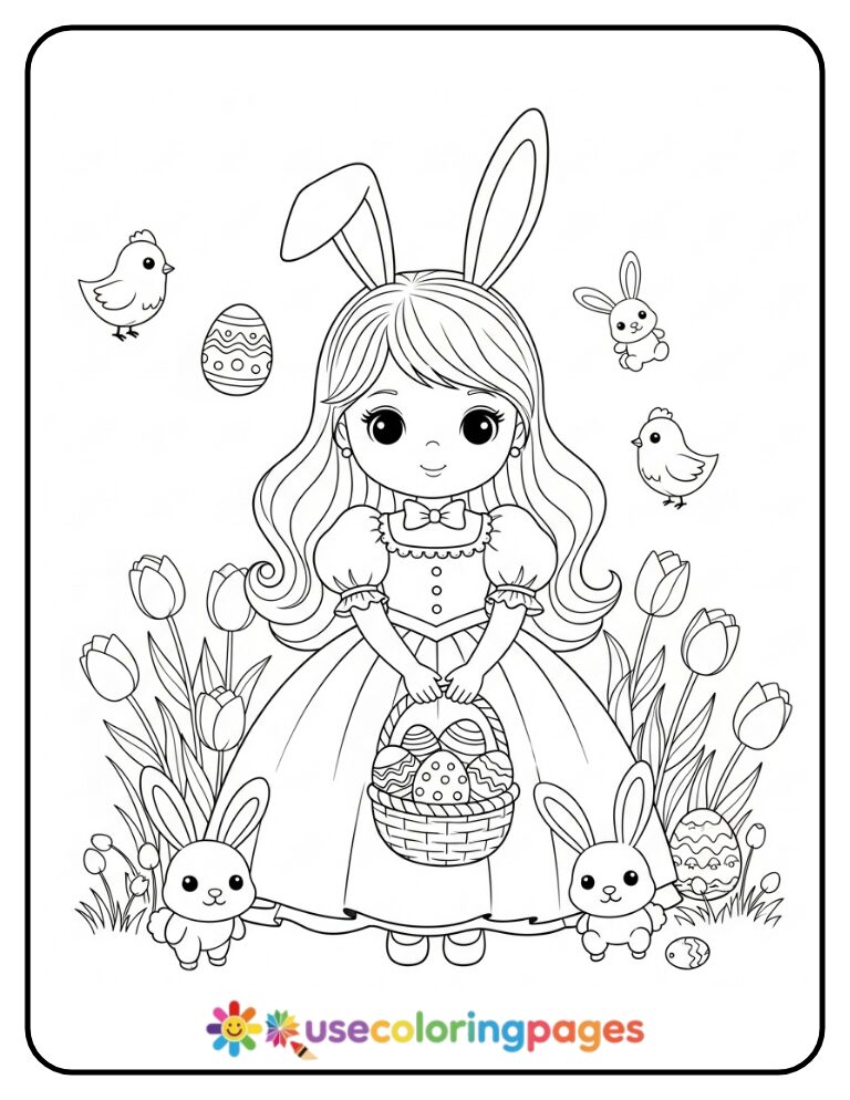 Easter Princess Holding a Basket of Eggs Coloring Page
