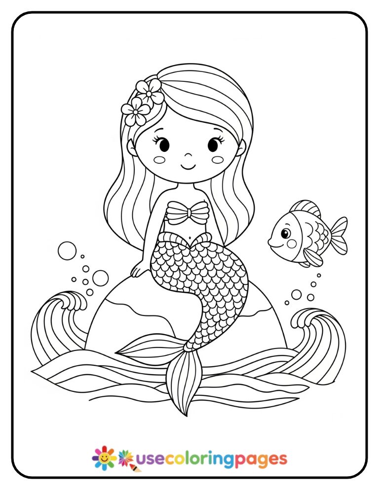 Easy Mermaid Sitting on Rock Coloring Page