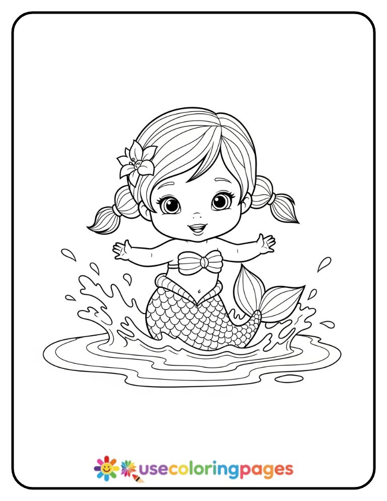 Easy Mermaid Splashing Water Coloring Page