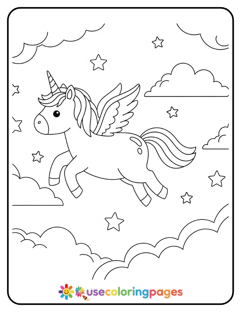 Easy Unicorn in the Sky Coloring Page for All Skill Levels