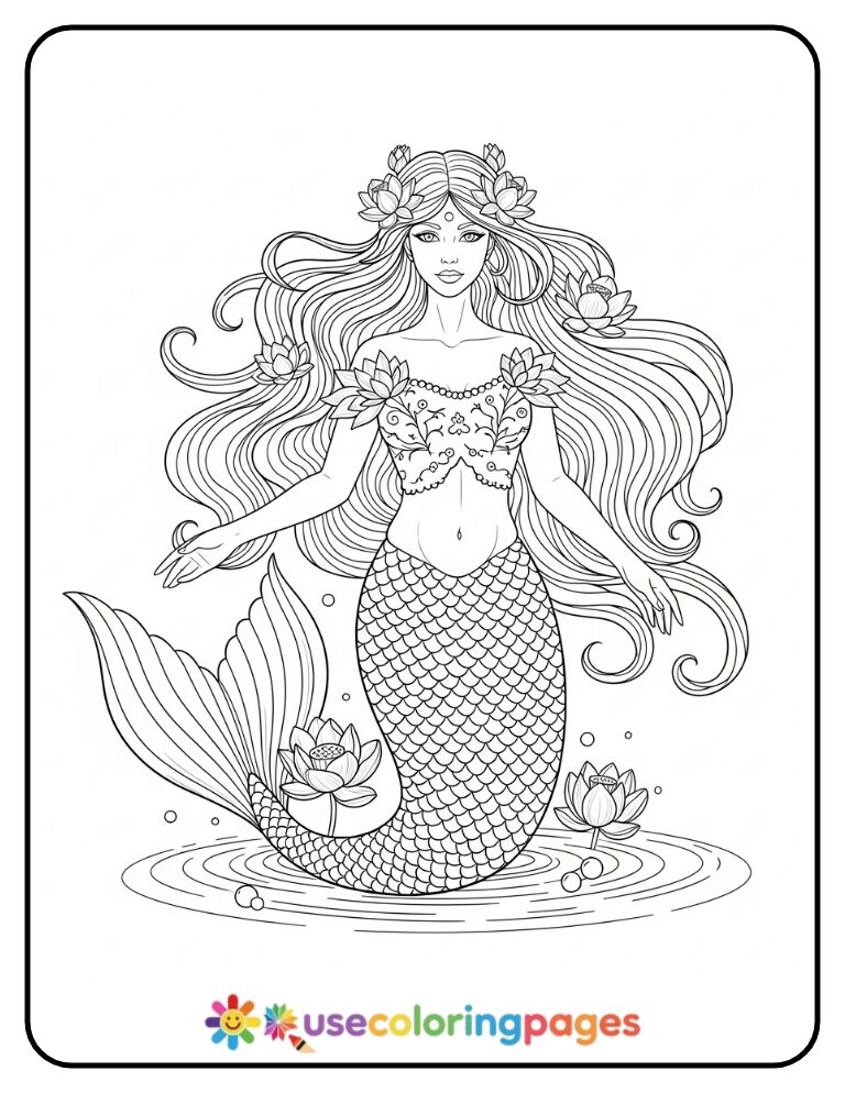 Elegant Mermaid with Flowing Hair Coloring Page Printable