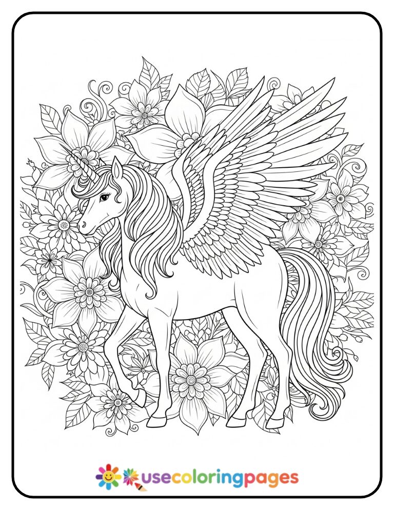 Elegant Winged Unicorn Among Mandala Flowers Coloring Page