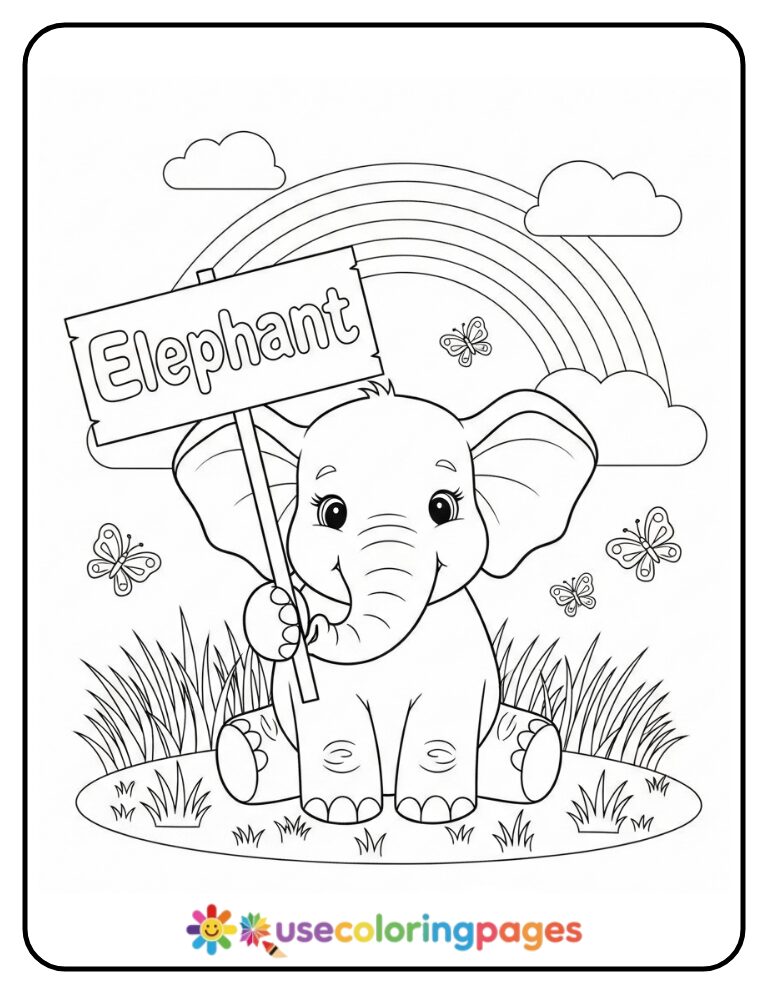 Elephant Holding Rainbow Animal Name Sign Coloring Page