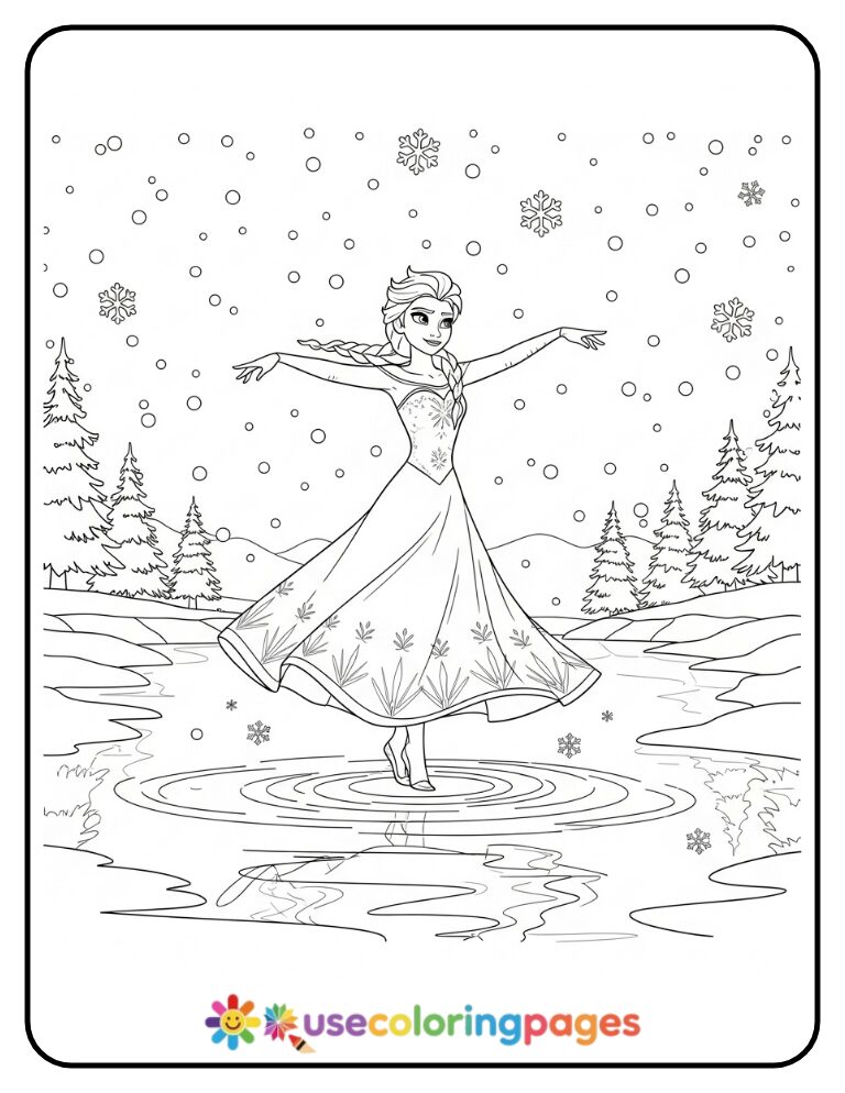 Elsa Ice Skating on a Frozen Lake Coloring Page