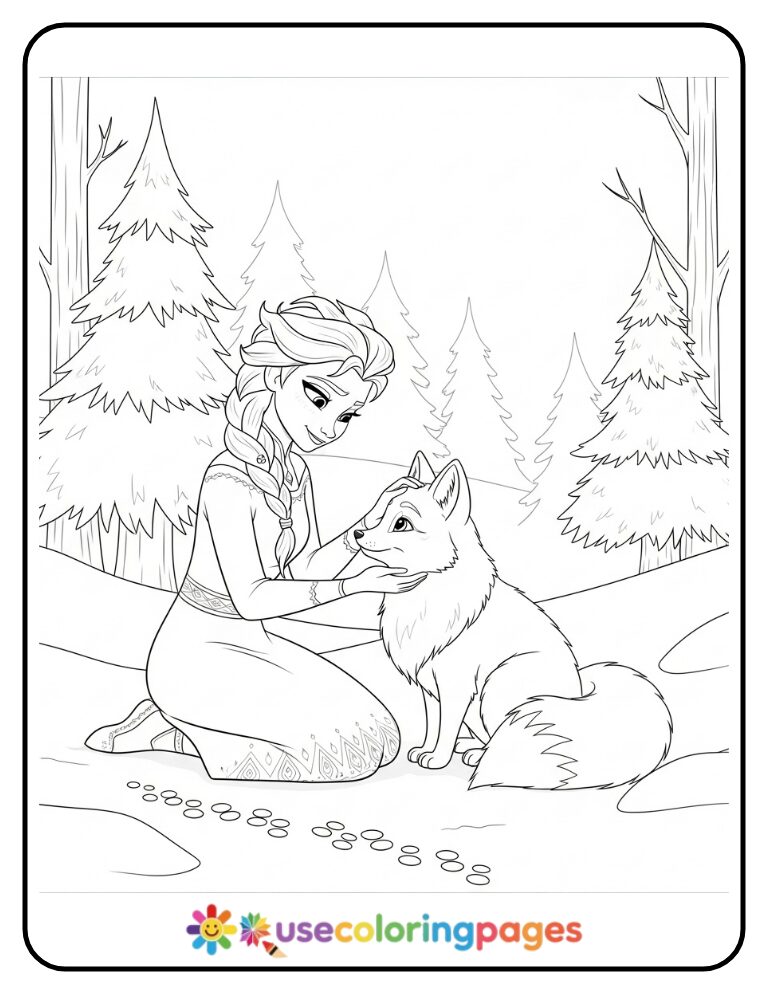 Elsa Playing with a Snow Fox Coloring Page