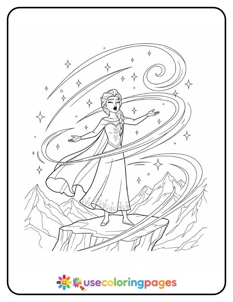Elsa Singing into the Snowy Wind Coloring Page