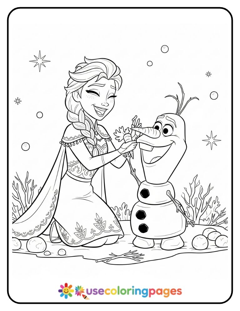 Elsa and Olaf Building a Snowman Coloring Page