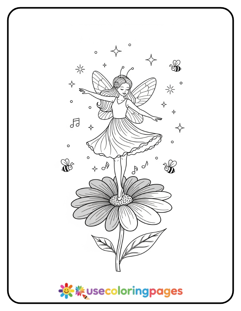 Fairy Dancing on Rainbow Flower Petals Coloring Page