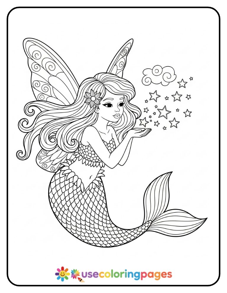 Fairy Mermaid Blowing Stardust Coloring Page