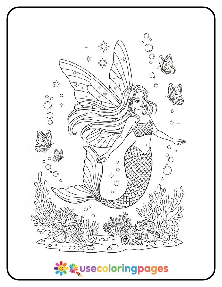 Fairy Mermaid Flying with Sea Butterflies Coloring Page