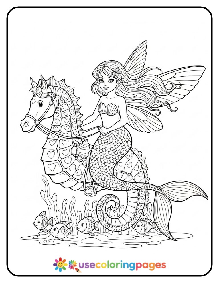 Fairy Mermaid Riding a Seahorse Coloring Page