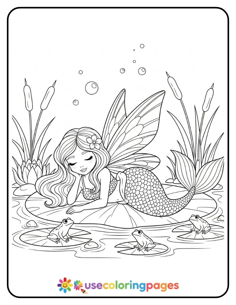 Fairy Mermaid Sitting on a Floating Lily Pad Coloring Page