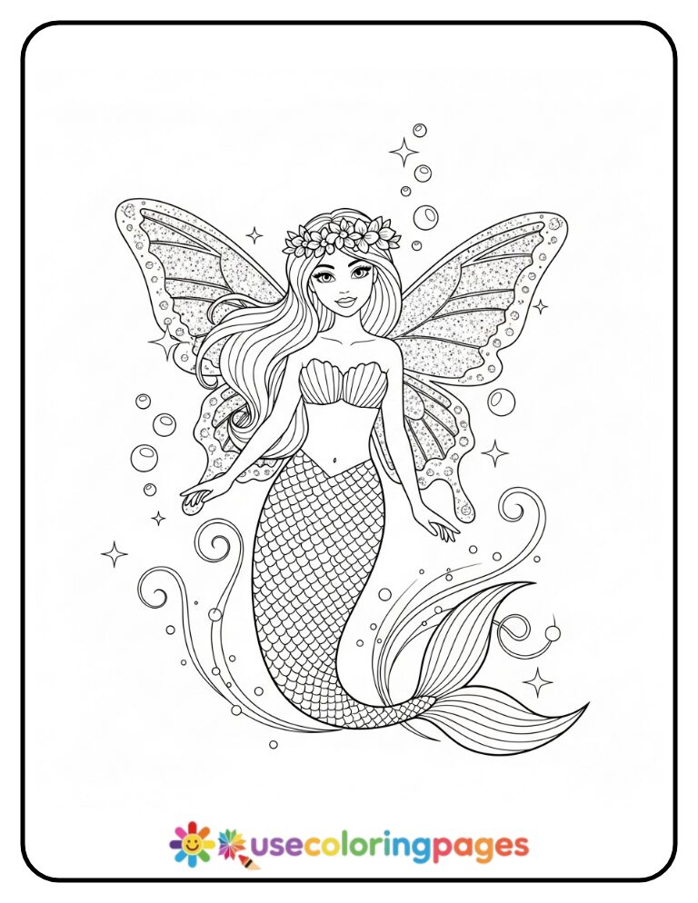 Fairy Mermaid with Sparkling Wings Coloring Page