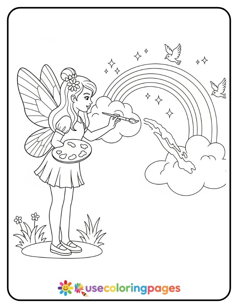Fairy Painting Rainbow On Cloud Canvas Coloring Page