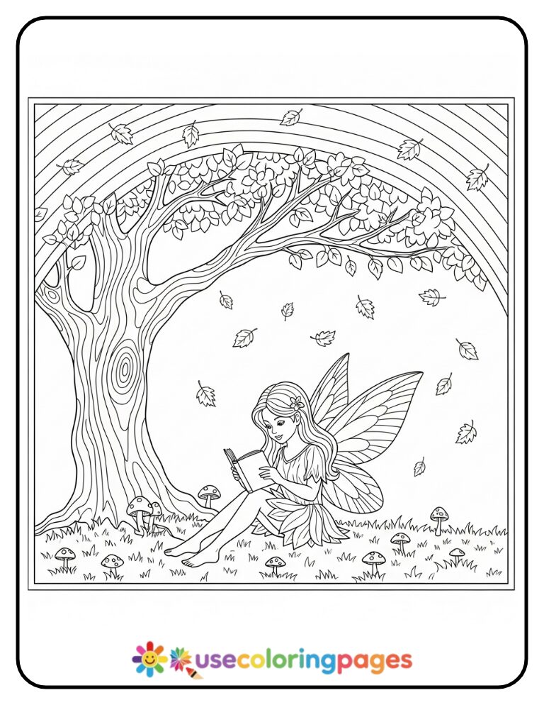 Fairy Reading Book Under Rainbow Tree Coloring Page