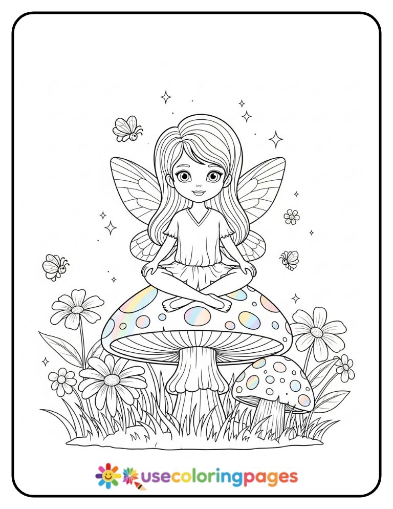 Fairy Sitting On Rainbow Mushroom Coloring Page