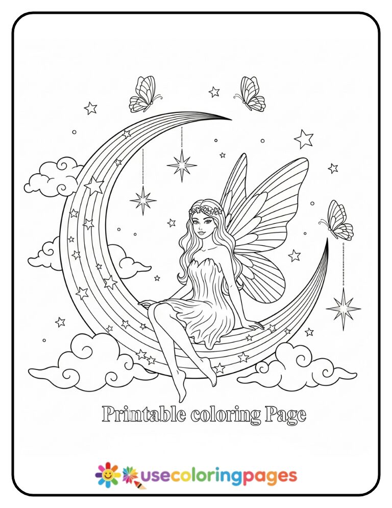 Fairy Sitting on Rainbow Crescent Moon Coloring Page