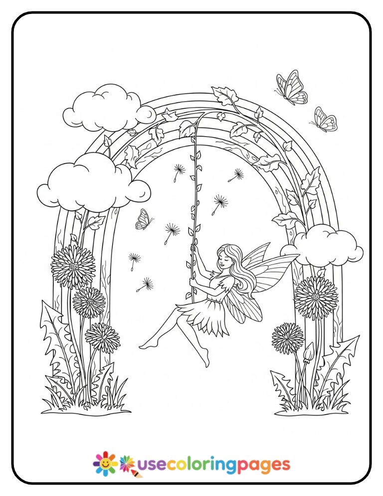 Fairy Swinging Under Rainbow Vine Arch Coloring Page