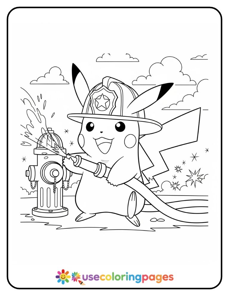 Firefighter Pikachu with Hose and Helmet Coloring Page