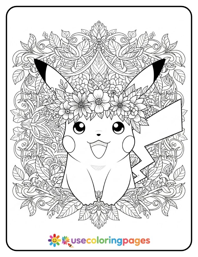 Floral Crown Pikachu with Decorative Background Coloring Page