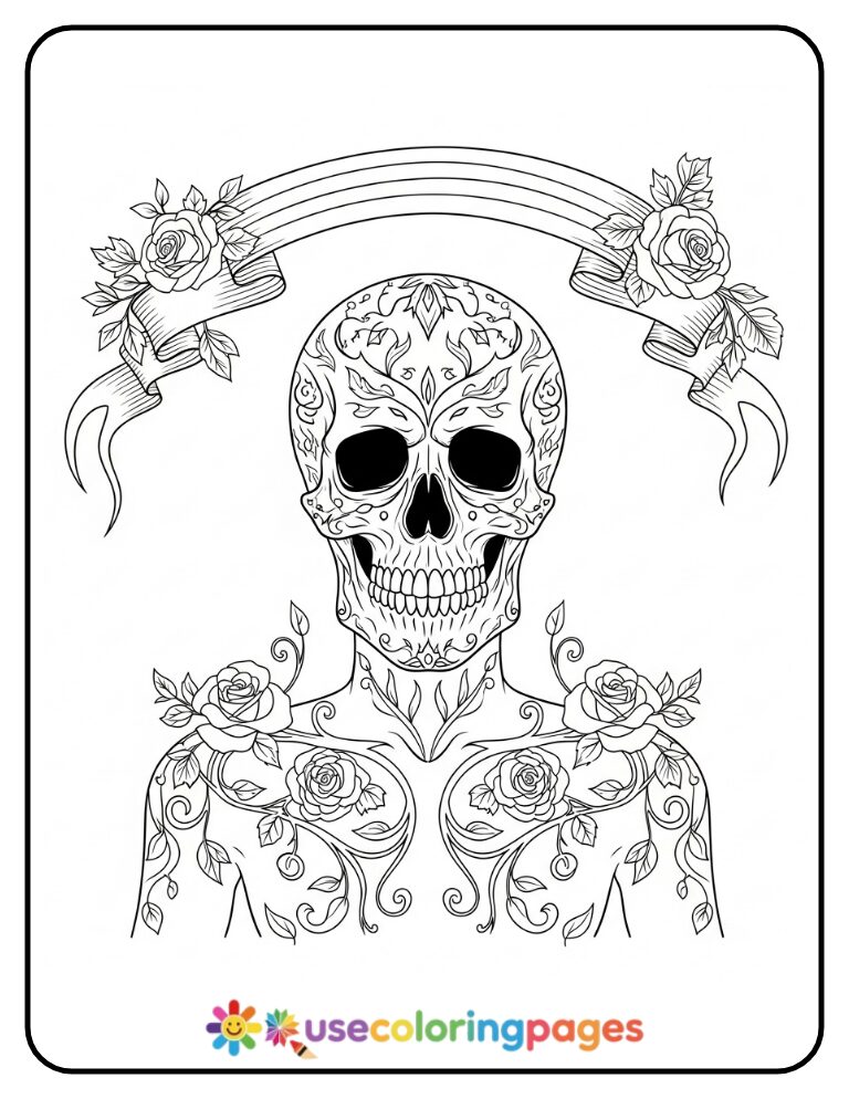 Floral Skull With Rainbow Drape and Vines Coloring Page