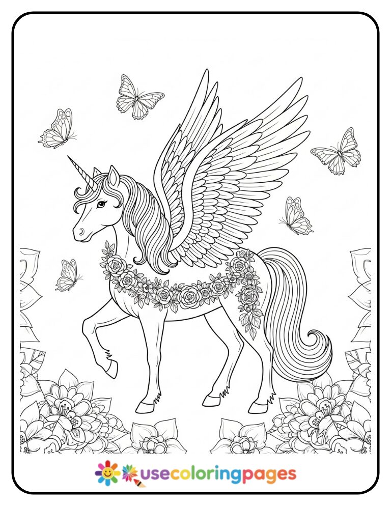 Floral Winged Unicorn with Butterflies Coloring Page