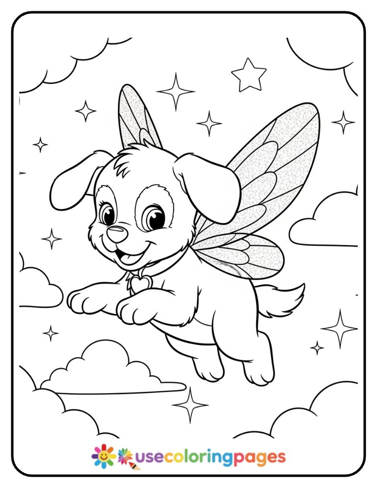 Flying Puppy with Fairy Wings Coloring Page