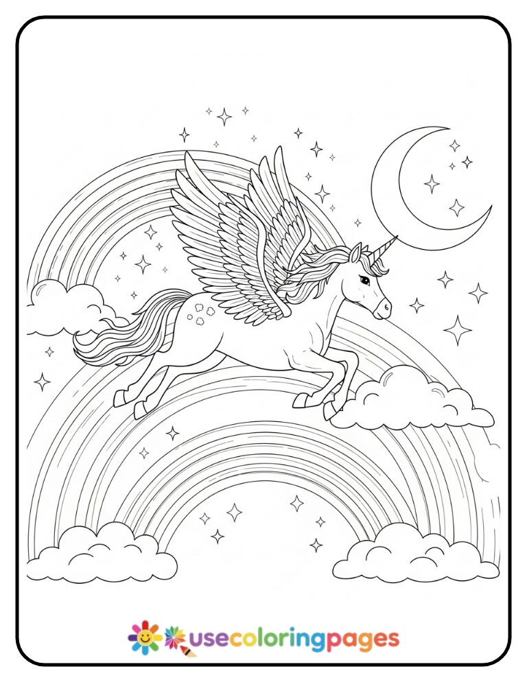 Flying Unicorn Over Double Rainbow Coloring Page