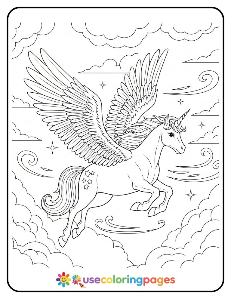 Flying Unicorn with Wings Printable Coloring Page