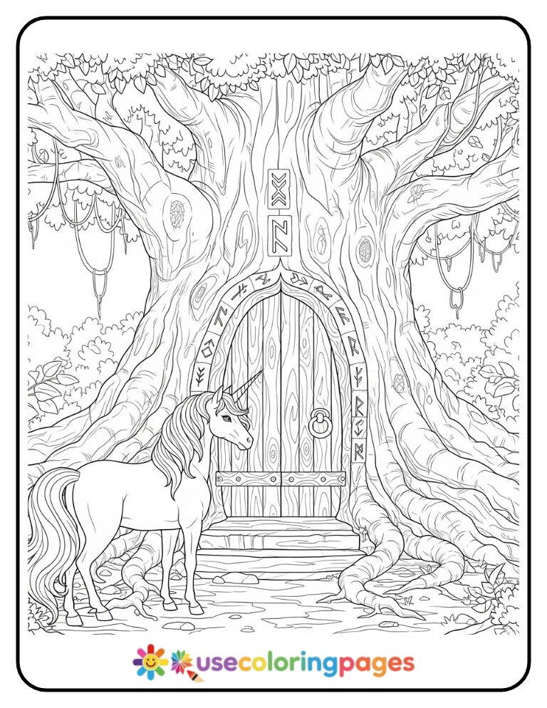 Forest Unicorn at an Ancient Tree Gate Coloring Page