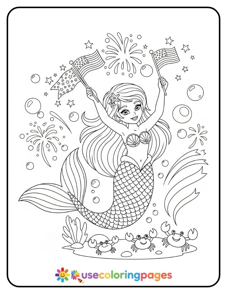 Fourth of July Mermaid with Star Sparkles Coloring Page