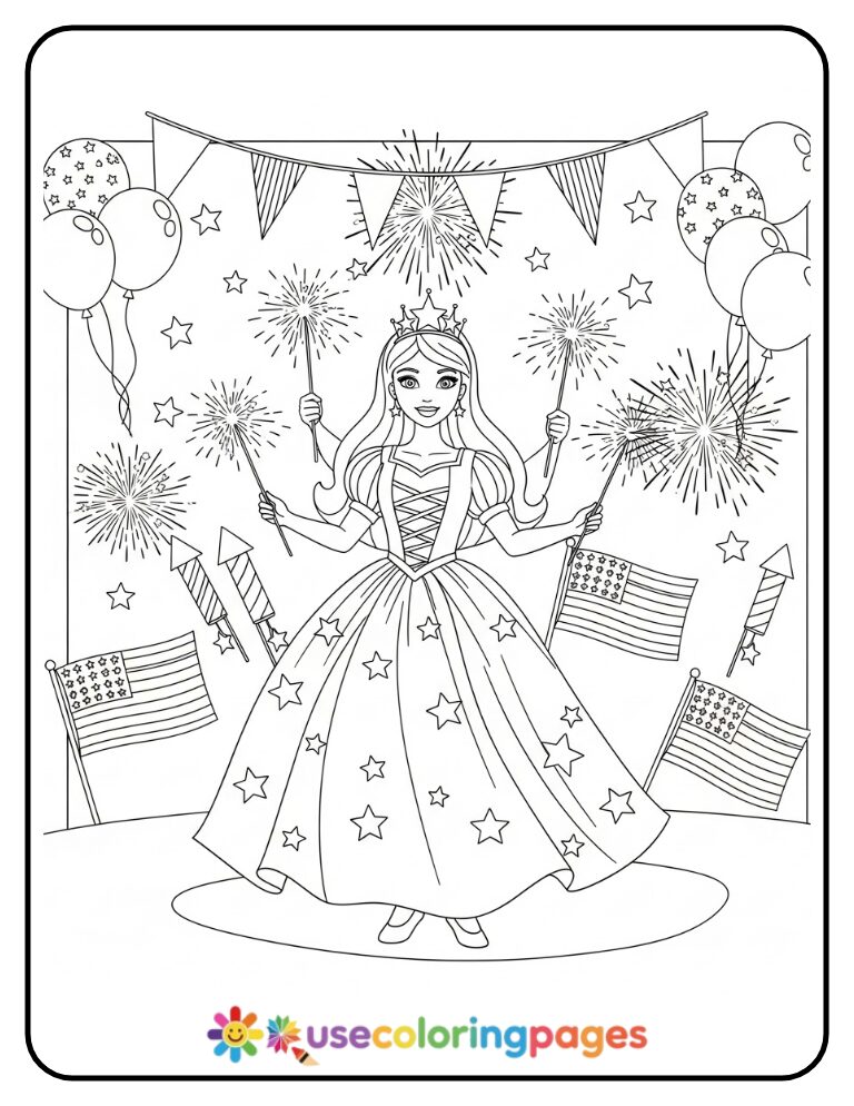 Fourth of July Princess with Sparklers Coloring Page