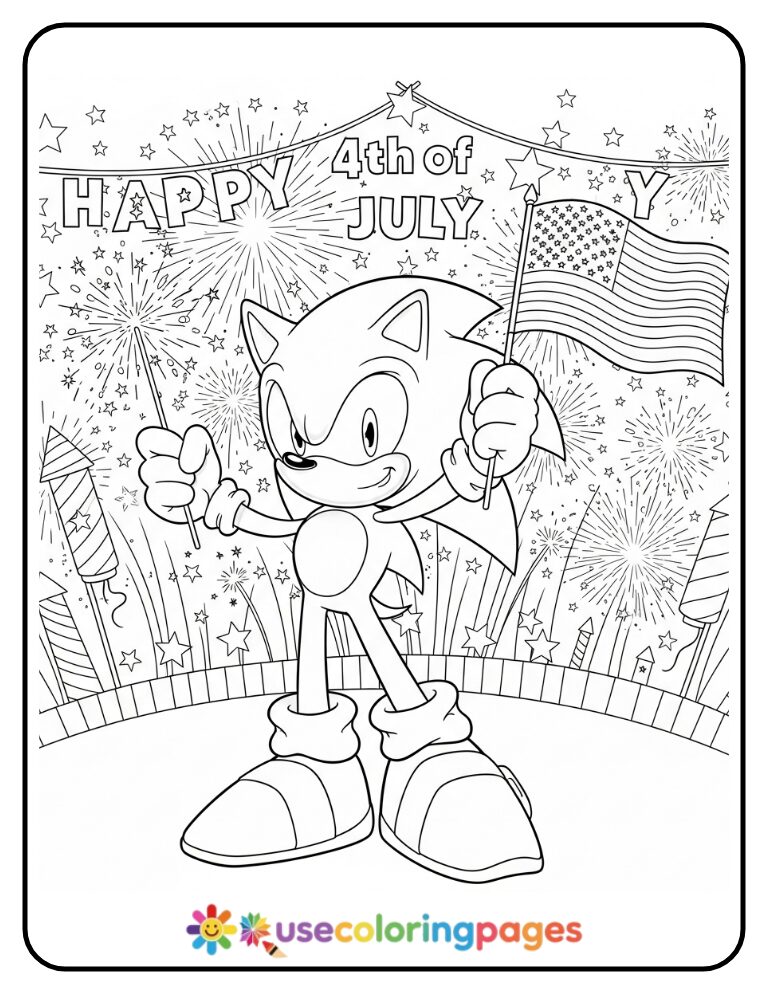 Fourth of July Sonic With Flags and Sparklers Coloring Page