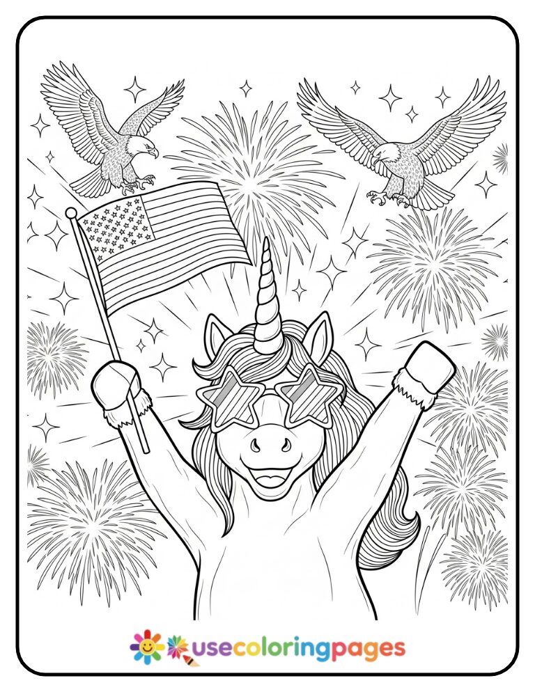 Fourth of July Unicorn with Flag Coloring Page