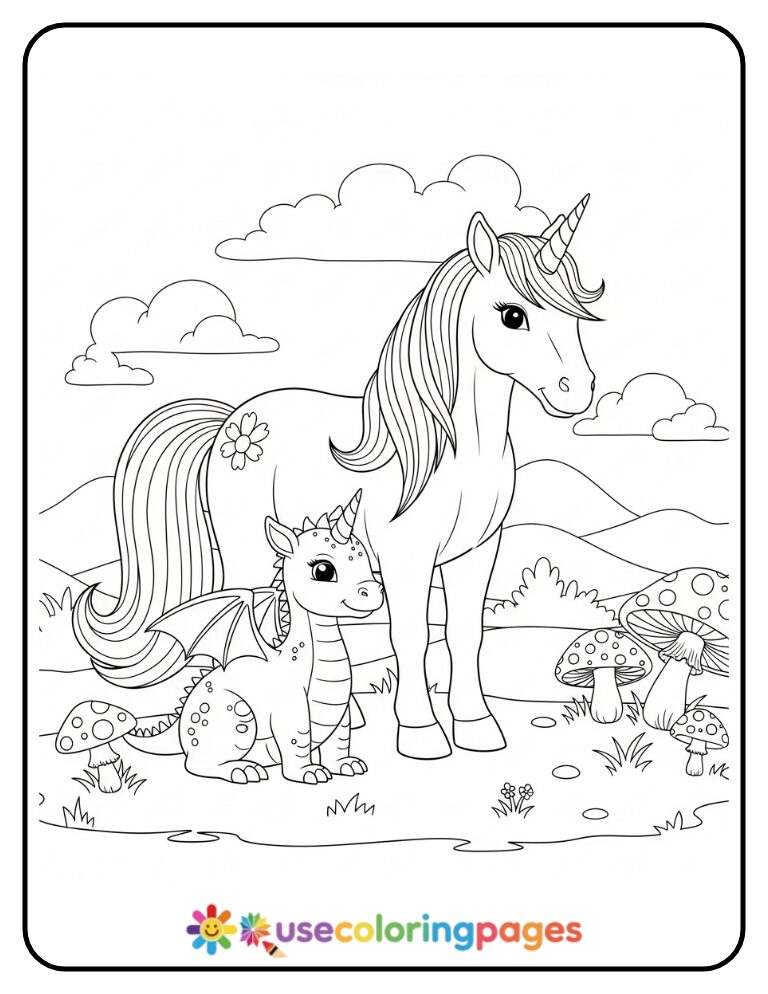 Friendly Unicorn and Baby Dragon Coloring Page