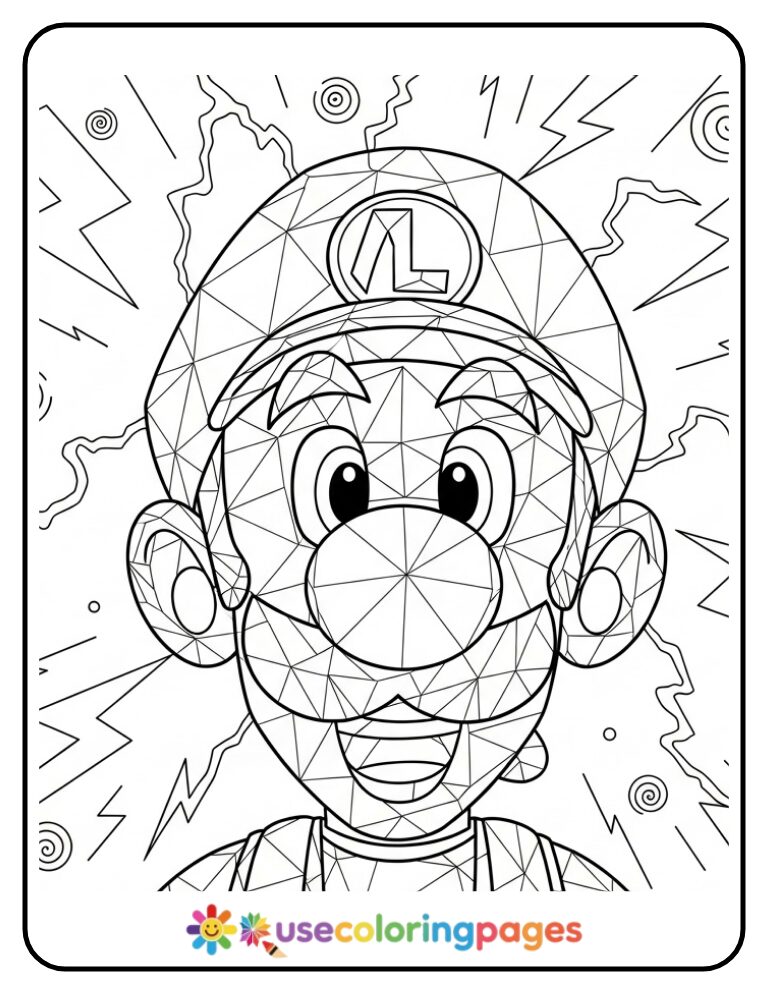 Geometric Luigi Portrait with Abstract Lines Coloring Page