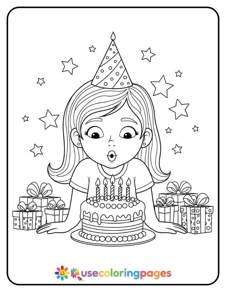 Girl Blowing Out Birthday Candles Coloring Page