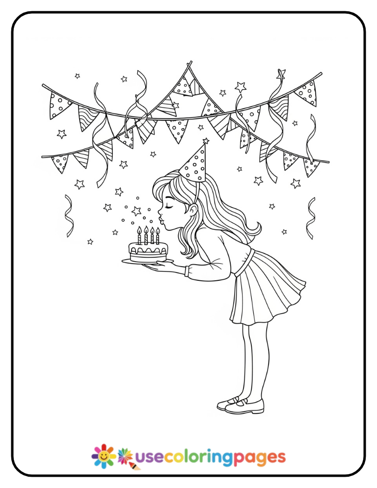 Girl Blowing Out Birthday Candles Coloring Page